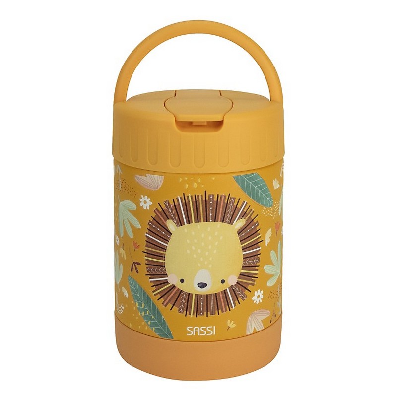 Portapranzo termico giallo per bambini decorato con leone e foglie in acciaio inossidabile, con maniglia estraibile per agevolare il trasporto